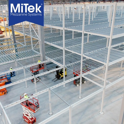 Mezzanine steel structure with MEWP vehicles