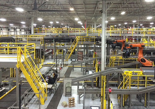 Warehouse with mezzanine platforms for integrated systems