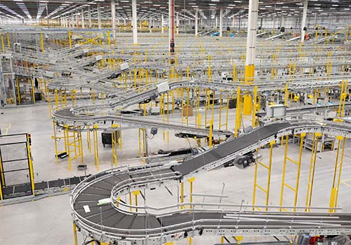 Inside an e-commerce warehouse with conveyor belts